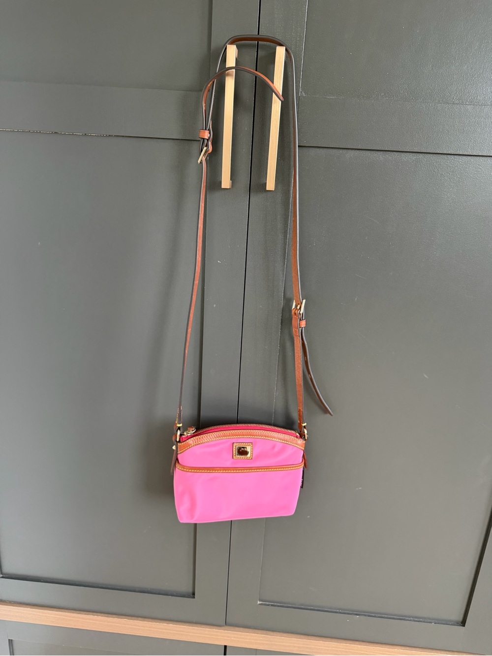 Dooney & Bourke wayfarer Pink Nylon Domed Crossbody with Brown Leather Trim